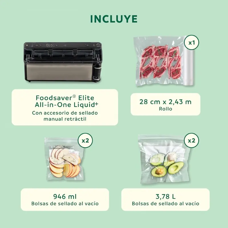 Contenido del paquete del la envasadora al vacío Foodsaver Elite All-in-one Liquid