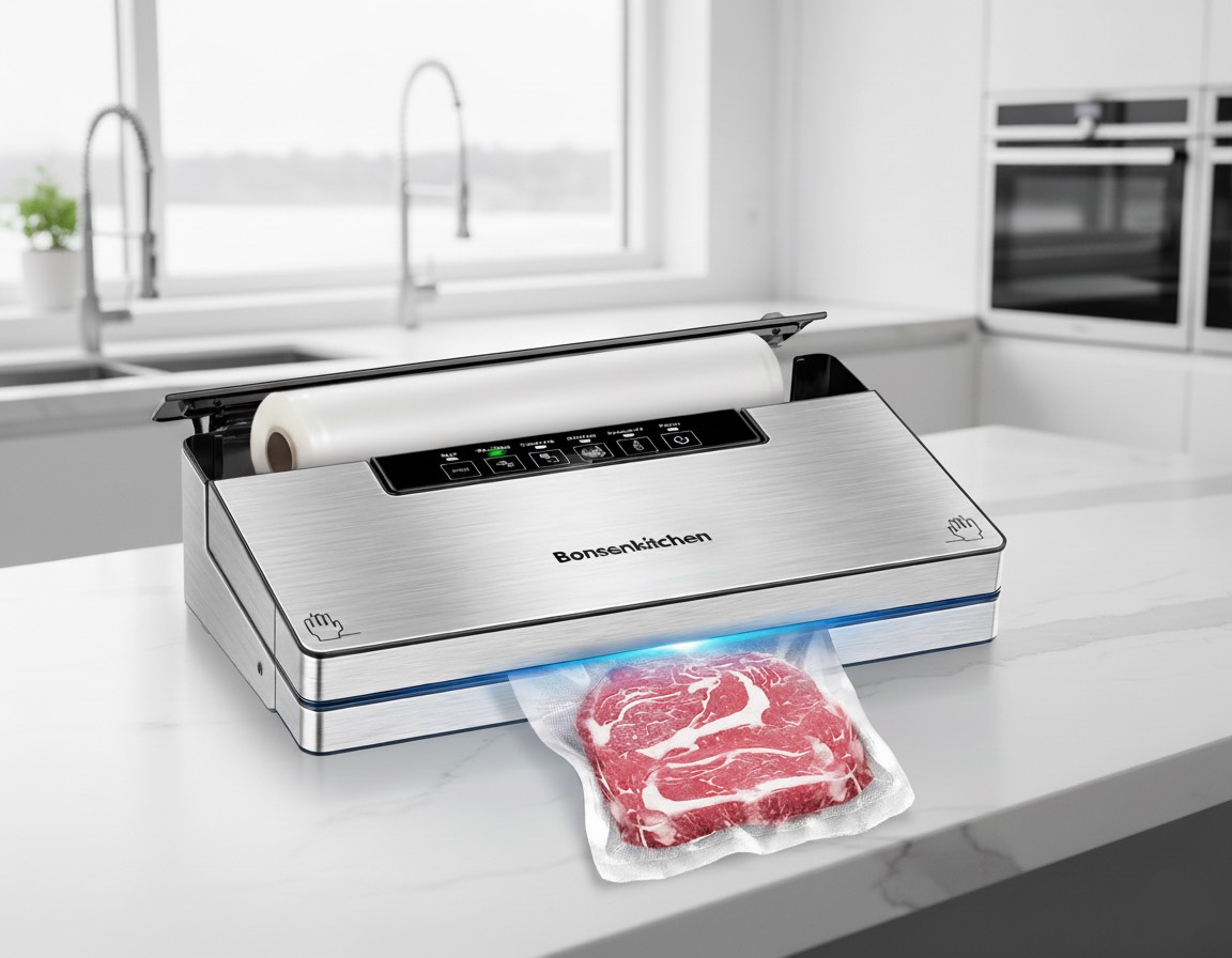 Envasadora al vacío Bonsenkitchen VS3201 envasando carne.